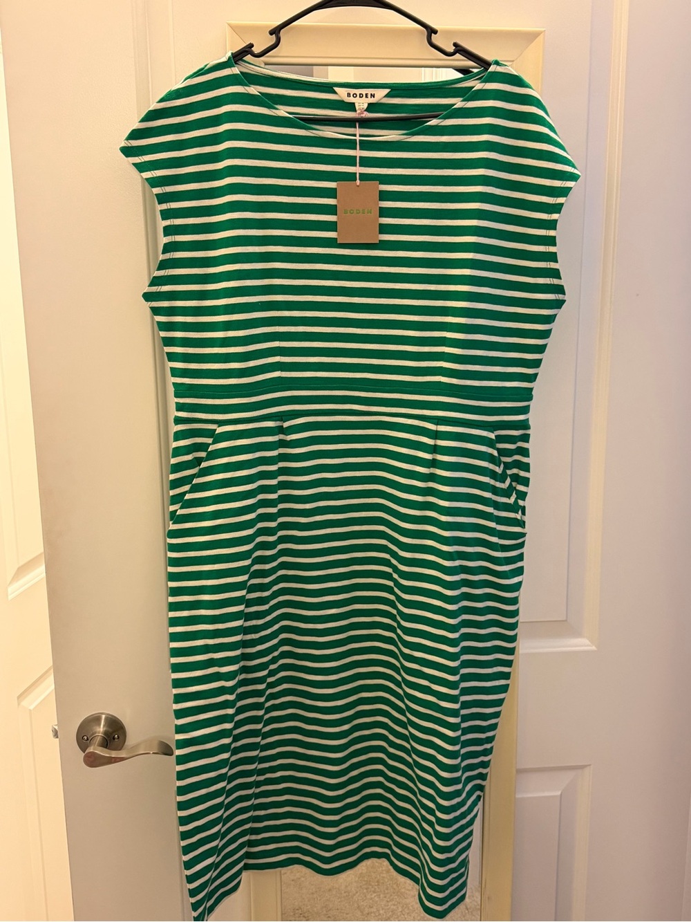 Boden Green and White Striped Midi Dress